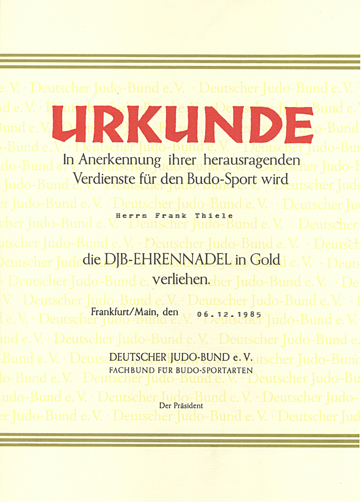 Urkunde "Goldene DJB-Ehrennadel", 1985