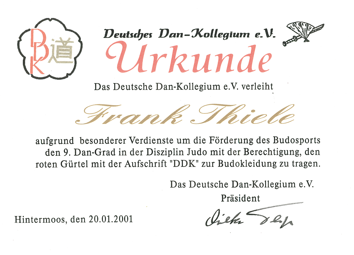 Urkunde "Verleihung des 9. Dan-Grades", 2001